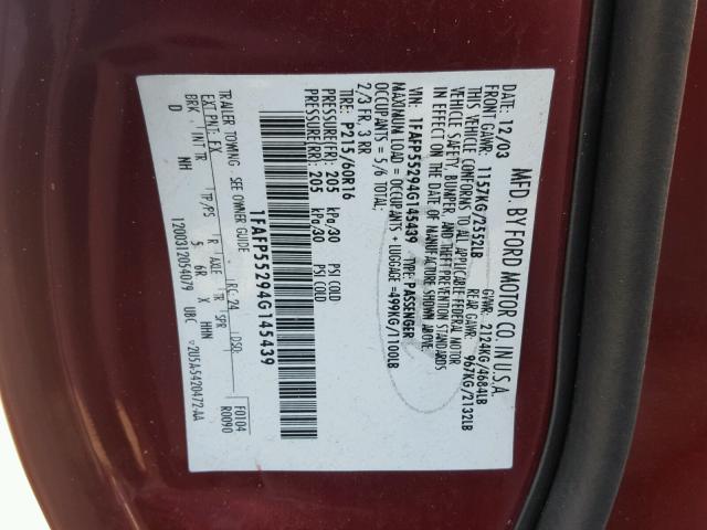 1FAFP55294G145439 - 2004 FORD TAURUS SES MAROON photo 10