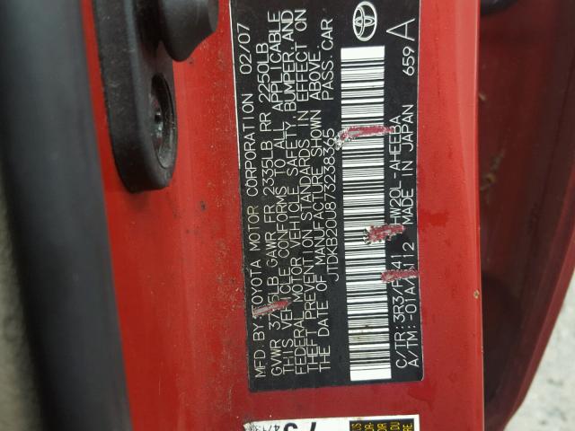 JTDKB20U873238365 - 2007 TOYOTA PRIUS RED photo 10