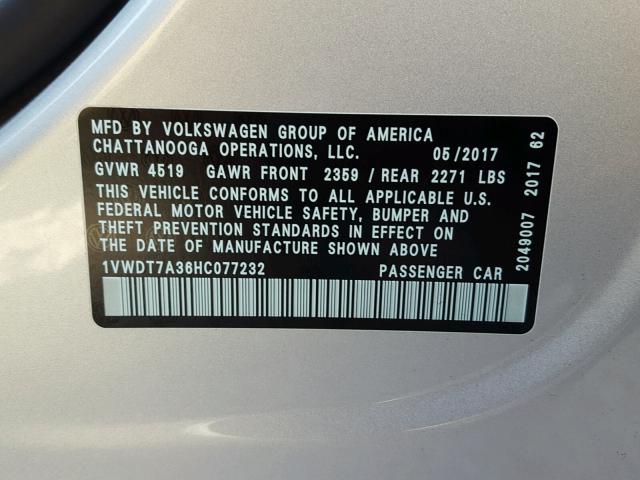 1VWDT7A36HC077232 - 2017 VOLKSWAGEN PASSAT R-L SILVER photo 10