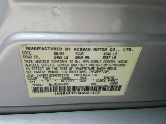 1N4BA41E34C921372 - 2004 NISSAN MAXIMA SE SILVER photo 10