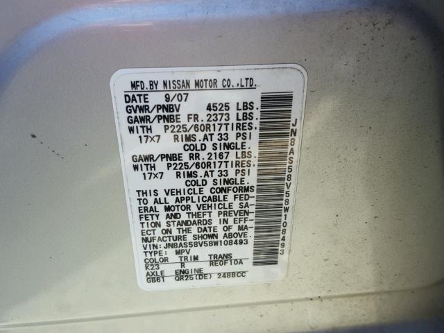 JN8AS58V58W108493 - 2008 NISSAN ROGUE S SILVER photo 10