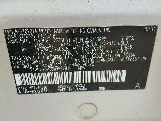 2T3BF4DV3BW155791 - 2011 TOYOTA RAV4 SILVER photo 10