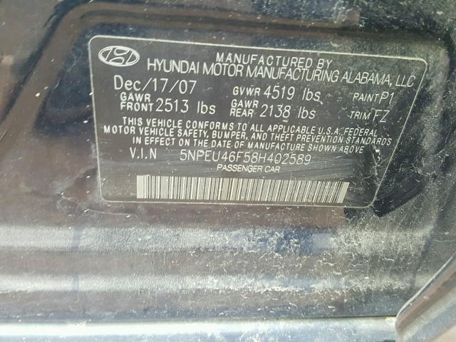 5NPEU46F58H402589 - 2008 HYUNDAI SONATA SE BLACK photo 10