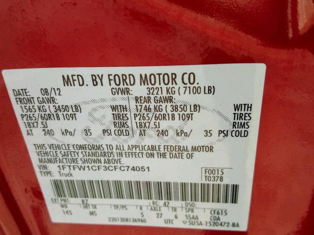 1FTFW1CF3CFC74051 - 2012 FORD F150 SUPER BURGUNDY photo 10