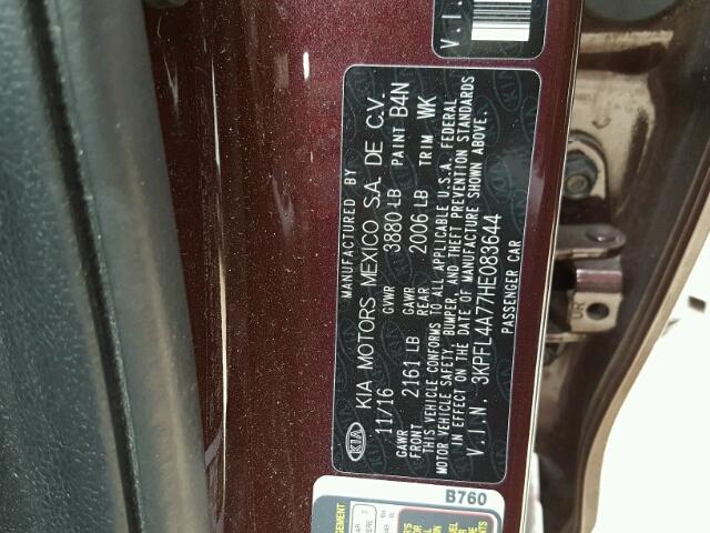 3KPFL4A77HE083644 - 2017 KIA FORTE LX MAROON photo 10