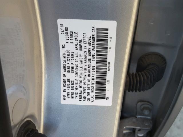 1HGCR2F34FA118489 - 2015 HONDA ACCORD LX SILVER photo 10