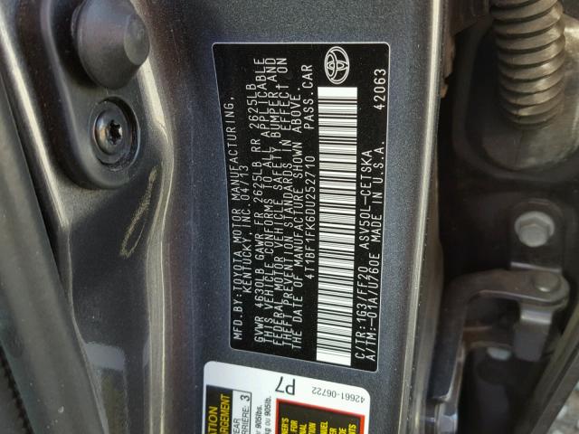 4T1BF1FK6DU252710 - 2013 TOYOTA CAMRY L GRAY photo 10