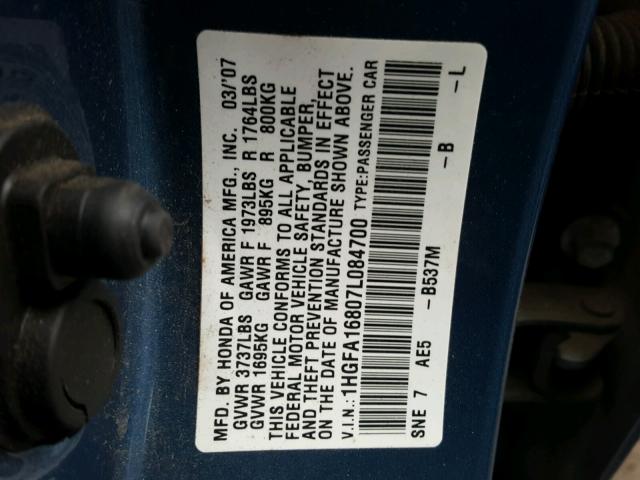 1HGFA16807L084700 - 2007 HONDA CIVIC EX BLUE photo 10