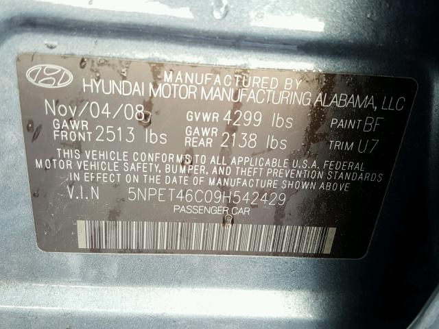 5NPET46C09H542429 - 2009 HYUNDAI SONATA GLS BLUE photo 10