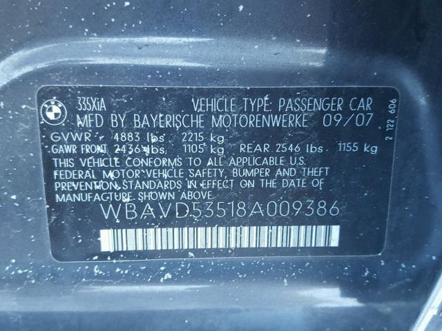 WBAVD53518A009386 - 2008 BMW 335 XI BLACK photo 10