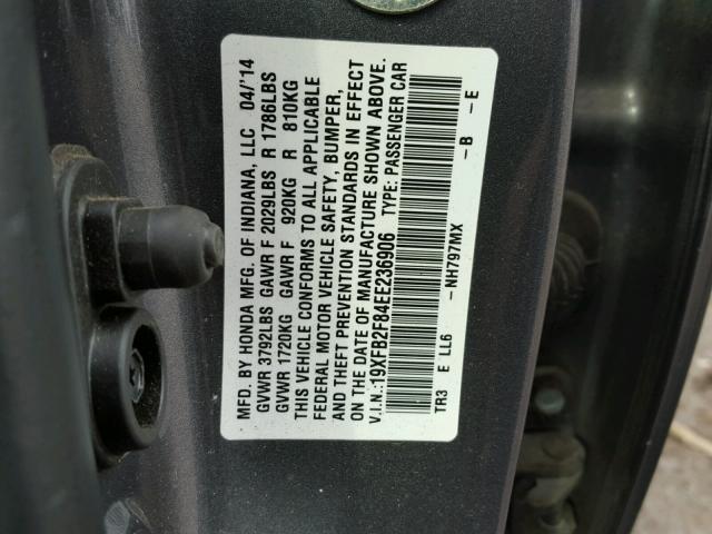 19XFB2F84EE236906 - 2014 HONDA CIVIC EX GRAY photo 10