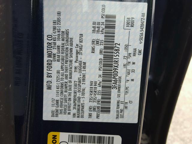 3FA6P0D9XJR155872 - 2018 FORD FUSION TIT BLUE photo 10