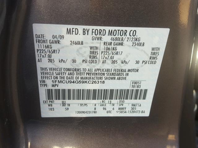 1FMCU94G59KC26318 - 2009 FORD ESCAPE LIM GRAY photo 10