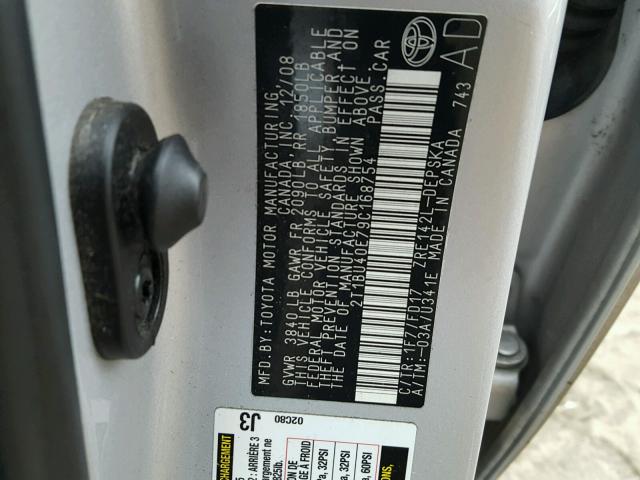 2T1BU40E79C168754 - 2009 TOYOTA COROLLA BA SILVER photo 10