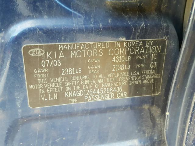 KNAGD126445268436 - 2004 KIA OPTIMA LX BLUE photo 10