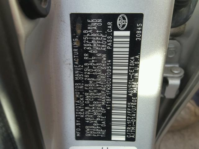 4T1BF1FK6CU109514 - 2012 TOYOTA CAMRY BASE SILVER photo 10