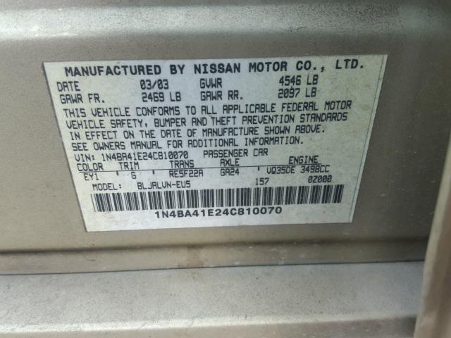 1N4BA41E24C810070 - 2004 NISSAN MAXIMA SE GOLD photo 10