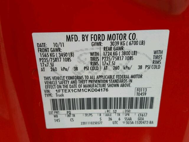 1FTEX1CM1CKD04176 - 2012 FORD F150 SUPER RED photo 10