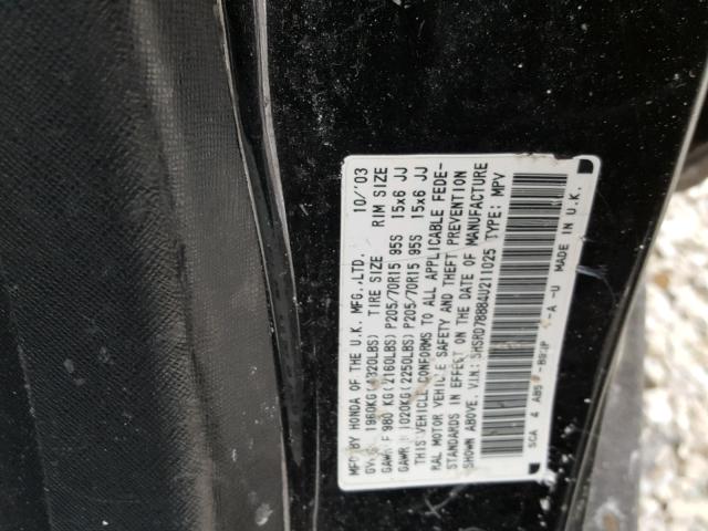 SHSRD78884U211025 - 2004 HONDA CR-V EX BLACK photo 10