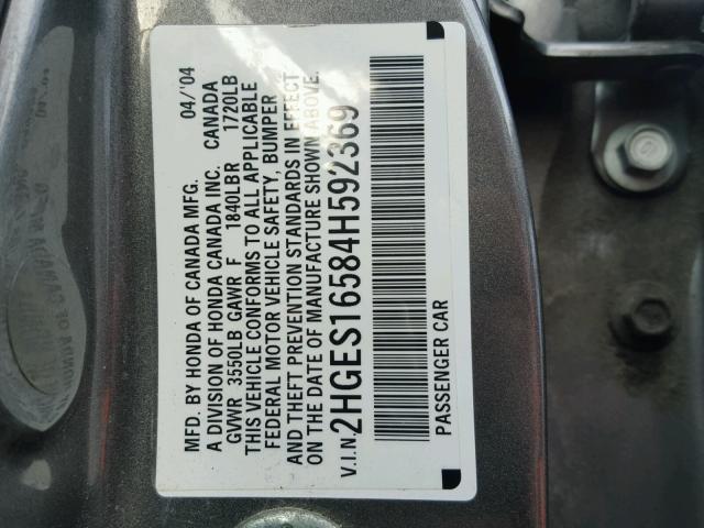 2HGES16584H592369 - 2004 HONDA CIVIC LX GRAY photo 10