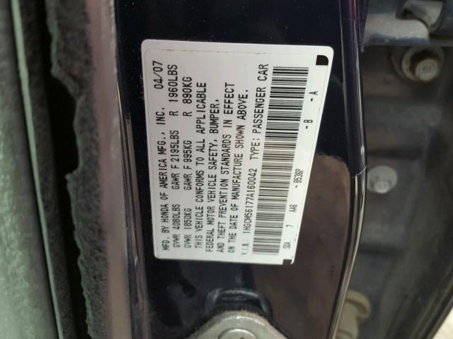 1HGCM56177A160042 - 2007 HONDA ACCORD VAL BLUE photo 10