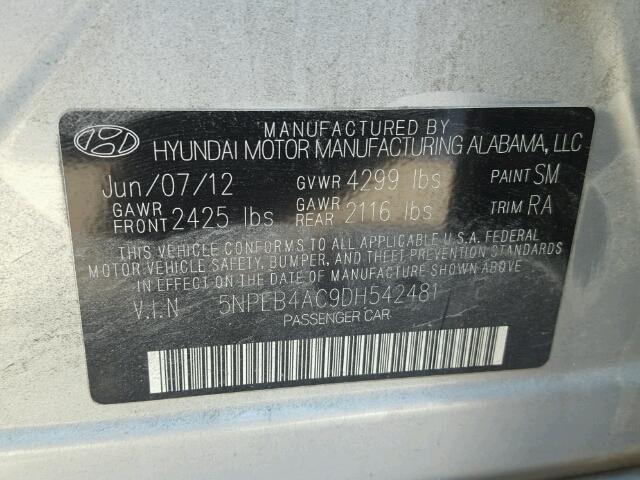 5NPEB4AC9DH542481 - 2013 HYUNDAI SONATA GLS SILVER photo 10