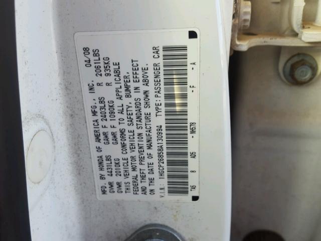 1HGCP26858A130994 - 2008 HONDA ACCORD EXL WHITE photo 10