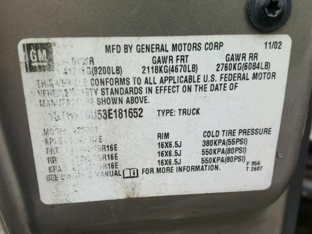 1GTHK29U53E181652 - 2003 GMC SIERRA K25 TAN photo 10