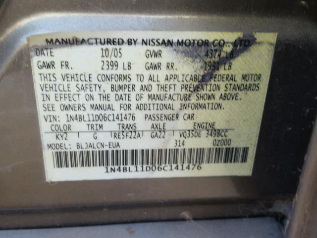 1N4BL11D06C141476 - 2006 NISSAN ALTIMA SE BEIGE photo 10