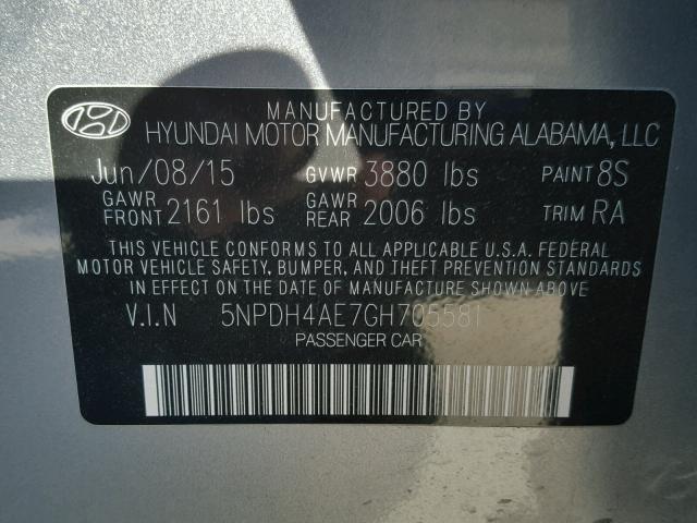 5NPDH4AE7GH705581 - 2016 HYUNDAI ELANTRA SE SILVER photo 10