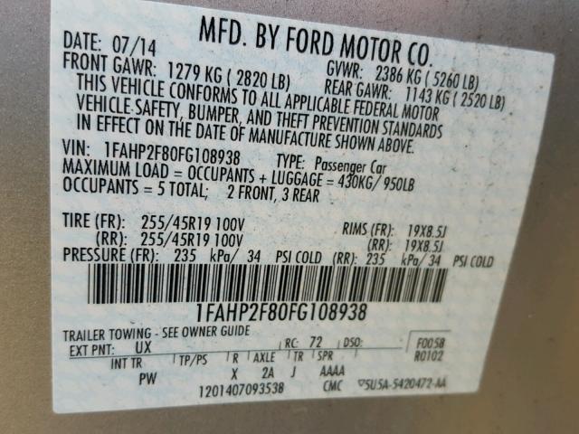 1FAHP2F80FG108938 - 2015 FORD TAURUS LIM SILVER photo 10