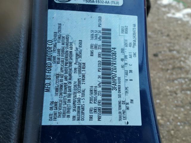 3FAHP07Z07R103874 - 2007 FORD FUSION SE BLUE photo 10