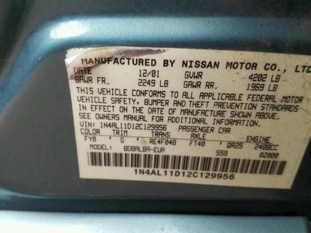 1N4AL11D12C129956 - 2002 NISSAN ALTIMA BAS BLUE photo 10