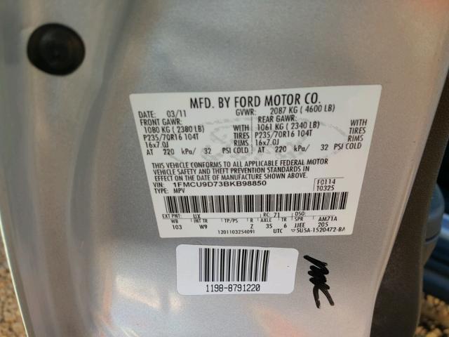 1FMCU9D73BKB98850 - 2011 FORD ESCAPE XLT SILVER photo 10