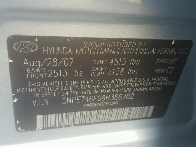 5NPET46F08H366782 - 2008 HYUNDAI SONATA GLS SILVER photo 10