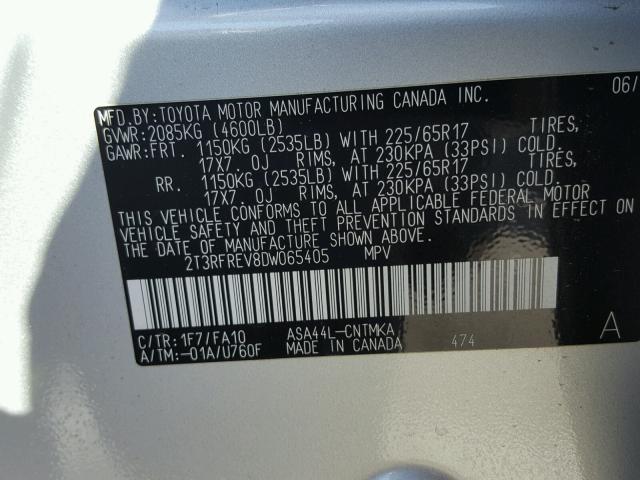 2T3RFREV8DW065405 - 2013 TOYOTA RAV4 XLE SILVER photo 10