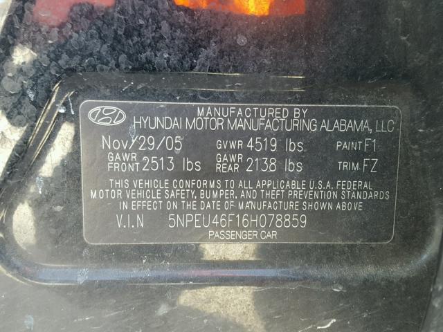 5NPEU46F16H078859 - 2006 HYUNDAI SONATA GLS BLACK photo 10