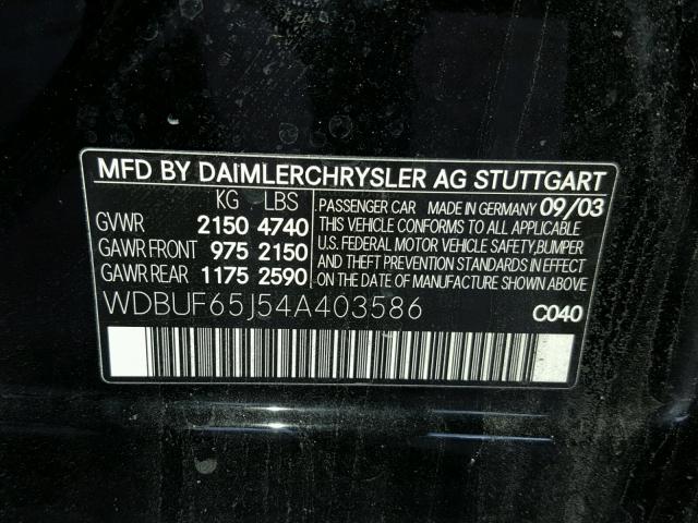 WDBUF65J54A403586 - 2004 MERCEDES-BENZ E 320 BLACK photo 10