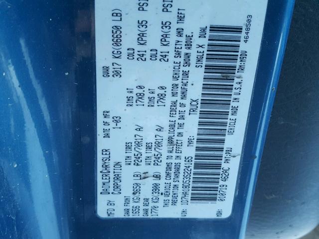 1D7HA18D53S224165 - 2003 DODGE RAM 1500 S BLUE photo 10