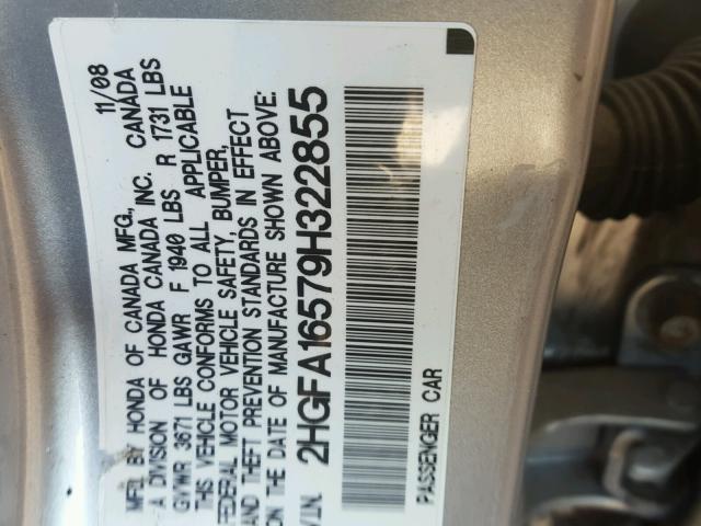 2HGFA16579H322855 - 2009 HONDA CIVIC LX SILVER photo 10