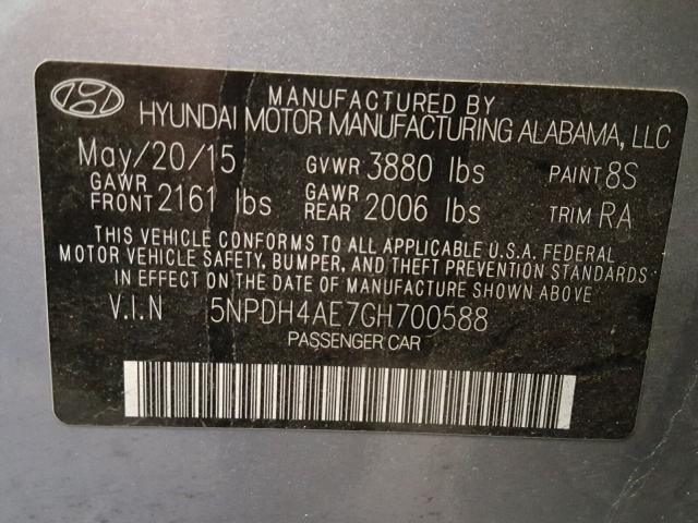 5NPDH4AE7GH700588 - 2016 HYUNDAI ELANTRA SE GRAY photo 10