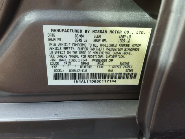 1N4AL11D65C117144 - 2005 NISSAN ALTIMA S GRAY photo 10