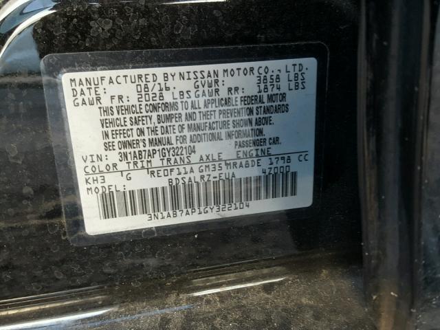 3N1AB7AP1GY322104 - 2016 NISSAN SENTRA S BLACK photo 10