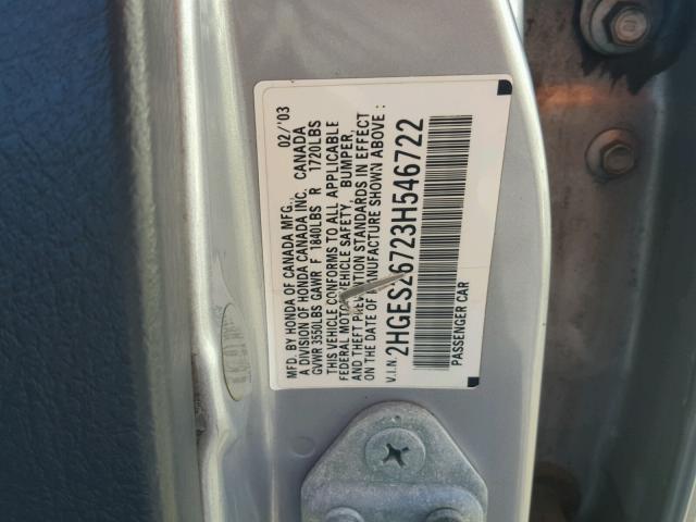 2HGES26723H546722 - 2003 HONDA CIVIC EX ვერცხლისფერი ფოტო 10