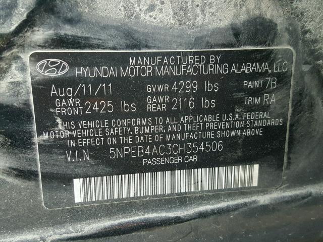 5NPEB4AC3CH354506 - 2012 HYUNDAI SONATA GLS BLACK photo 10