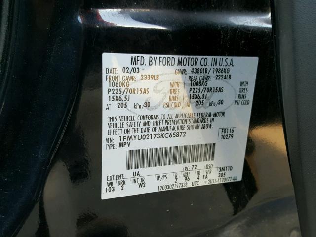 1FMYU02173KC65872 - 2003 FORD ESCAPE XLS BLACK photo 10