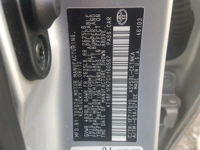 4T1BF1FK7CU160567 - 2012 TOYOTA CAMRY BASE SILVER photo 10