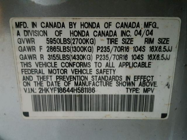 2HKYF18644H581186 - 2004 HONDA PILOT EXL SILVER photo 10