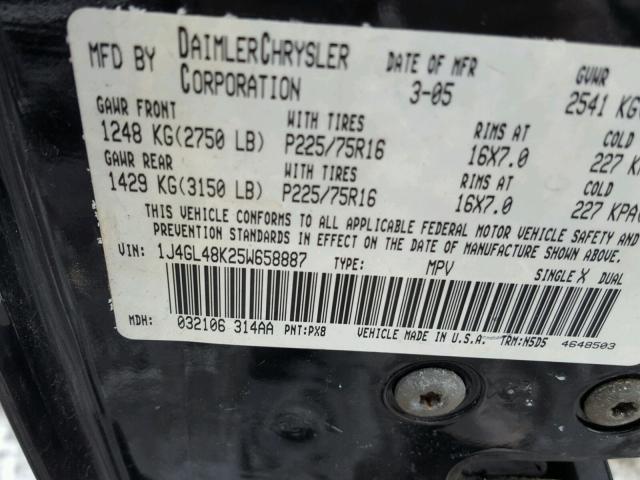 1J4GL48K25W658887 - 2005 JEEP LIBERTY SP BLACK photo 10