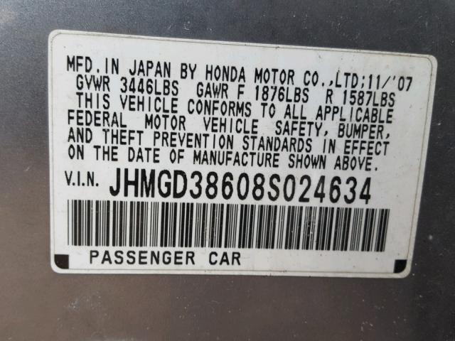 JHMGD38608S024634 - 2008 HONDA FIT GRAY photo 10